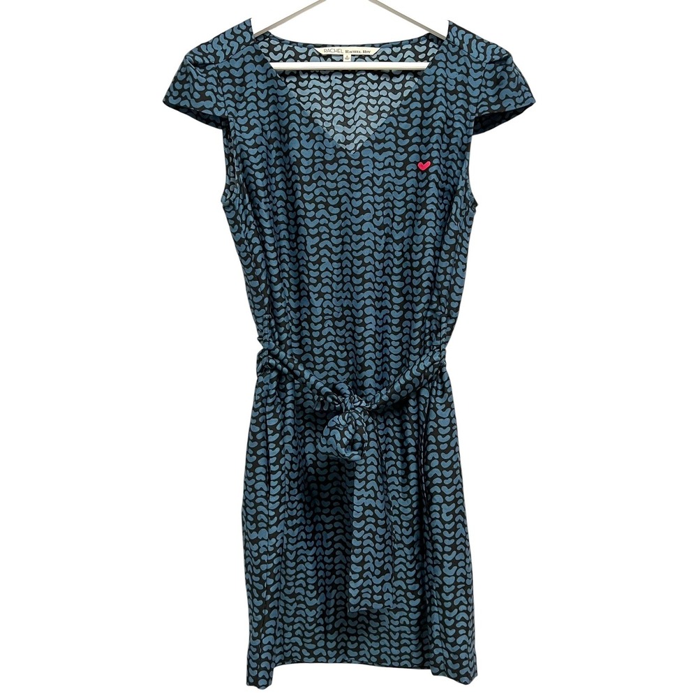 Rachel Rachel Roy Dress Womens‎ 0 Blue Black Heart Print V-Neck Tie Waist Retro